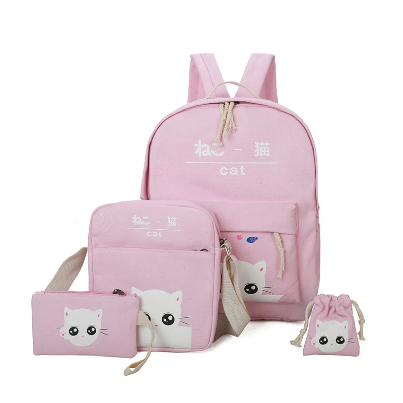 Fashion Cartoon Kitten backpack for ladies High quality canvas school bag for teen girls College 4pcs/set school backpacks
