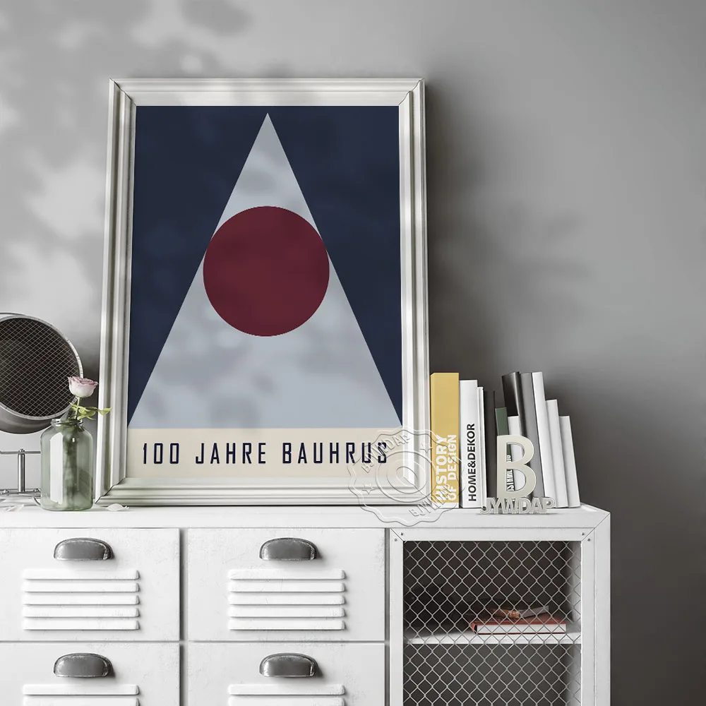 

Bauhaus Exhibition Poster, Geometric Shadesblue Triangle Red Round Patterning Combination Poster, Minimalism Home Kid Room Decor