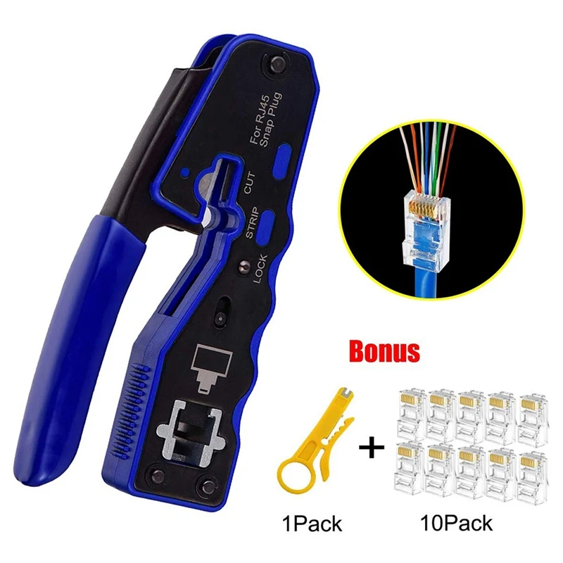 

for RJ45 Crimper Tool Kit, All-In-One Stripper Cutter Crimper Tool for RJ45 Cat6 Cat5 Cat5E Pass-Thru Connectors with 10 Pieces