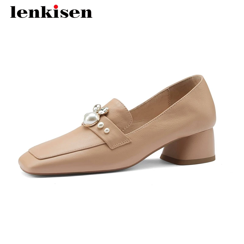 

Lenkisen new charming full grain leather pearl decorations dating square toe thick med heel slip on beauty girls women pumps L98