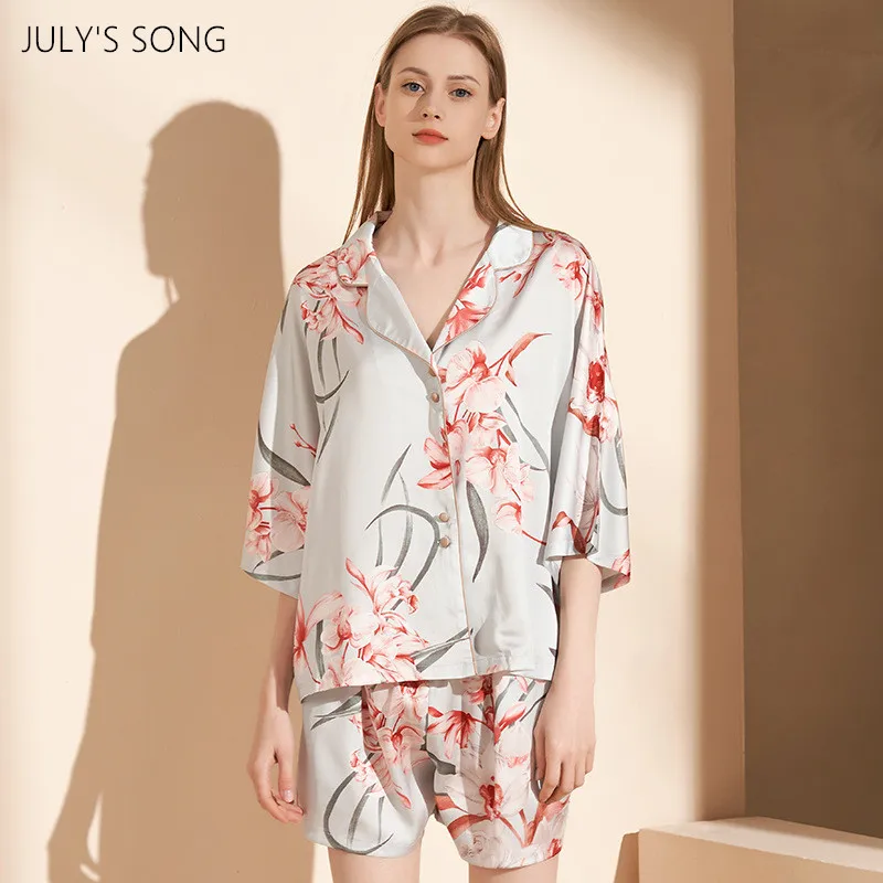 

Летний пижамный комплект JULY'S SONG, Женская атласная Шелковая пижама с листьями, 2 предмета, одежда для сна, пижама с коротким рукавом для женщи...