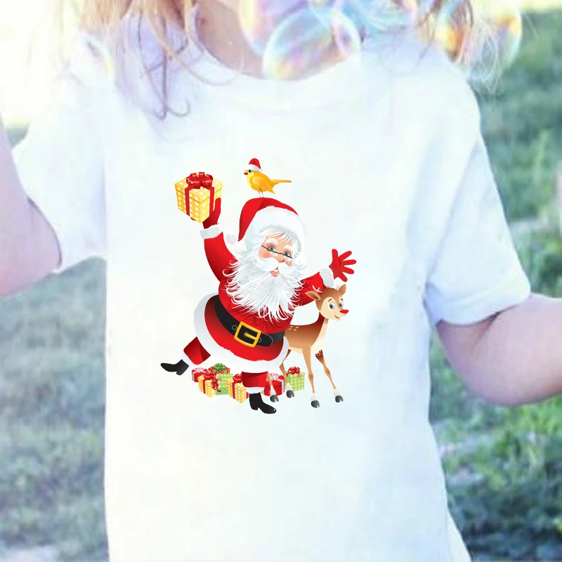 

DERMSPE New Fashion Cute Santa Claus And Elk Cartoon Clothes Casual Boys Girls Short Sleeve Top Toddler Children Soft T-shirt
