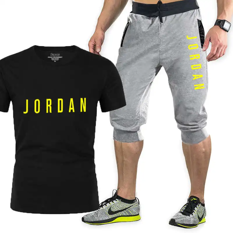 

Men's 2-piece sportswear suit basketball brand printed short-sleeved T-shirt and shorts 2021 new summer pure cotton