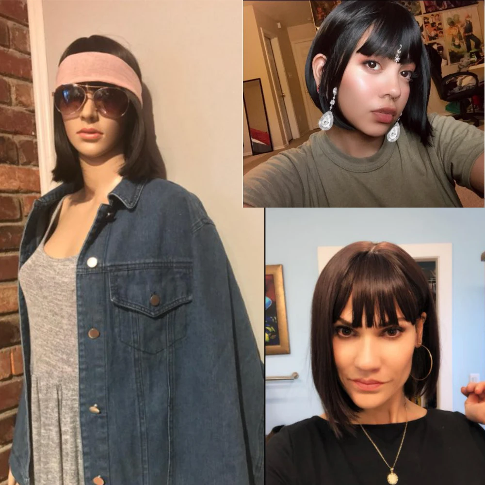 

Straight Bob Wig Remy Peruvian Hair Human Hair Non-Lace Wigs For Women Natural Color Full Machine Made Wigs With Bang