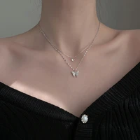 fashion diamond embedded double layer butterfly necklace female titanium steel temperament quality cold wind clavicle chain