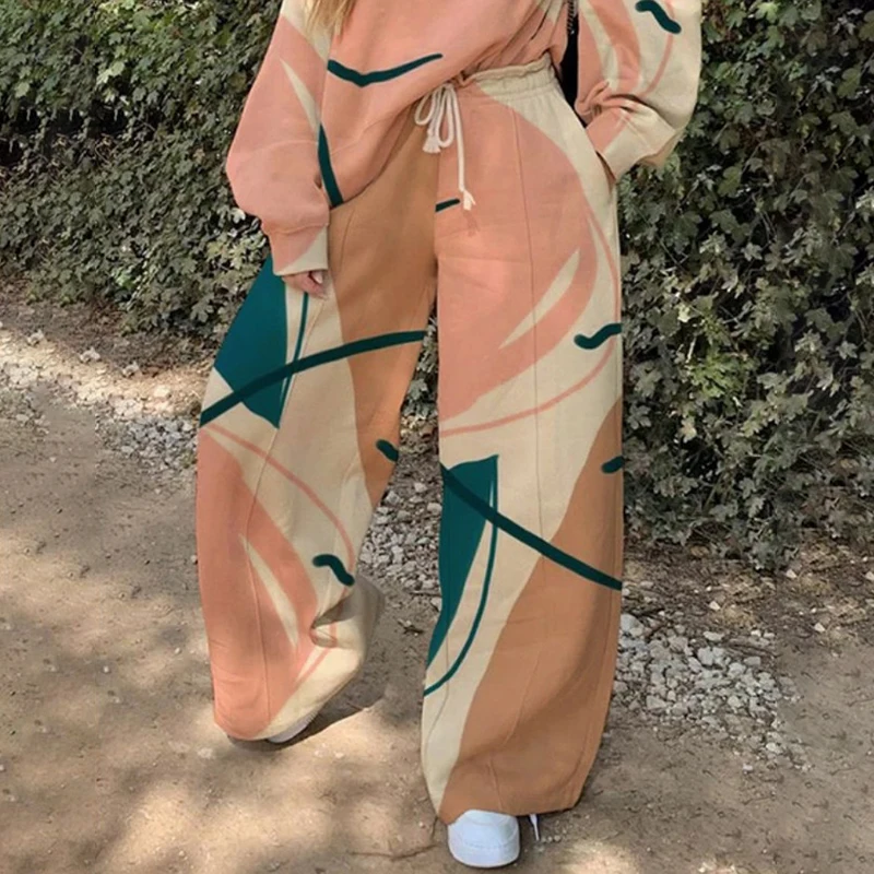 

VGH Hit Color Sets For Women O Neck Long Sleeve Shirt Lace Up Bowknot Pants Casual Print Set Female Spring Fashion New Clothing