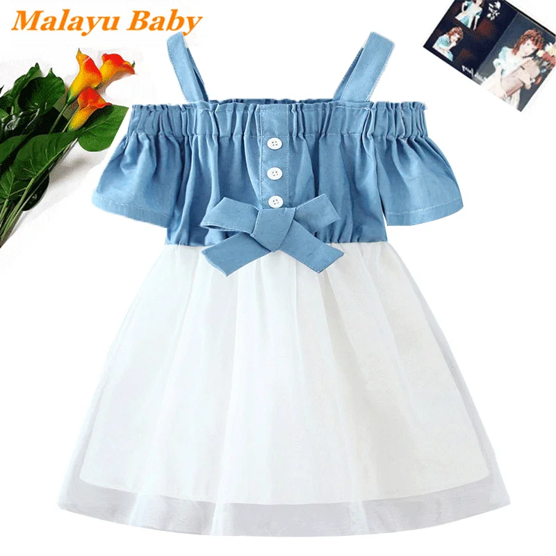 

Malayu Baby Child Girl Princess Dress 2021 Summer New 2-6 Years Fashion Kids One Word Collar Bow Straps Mesh Stitching Vestidos