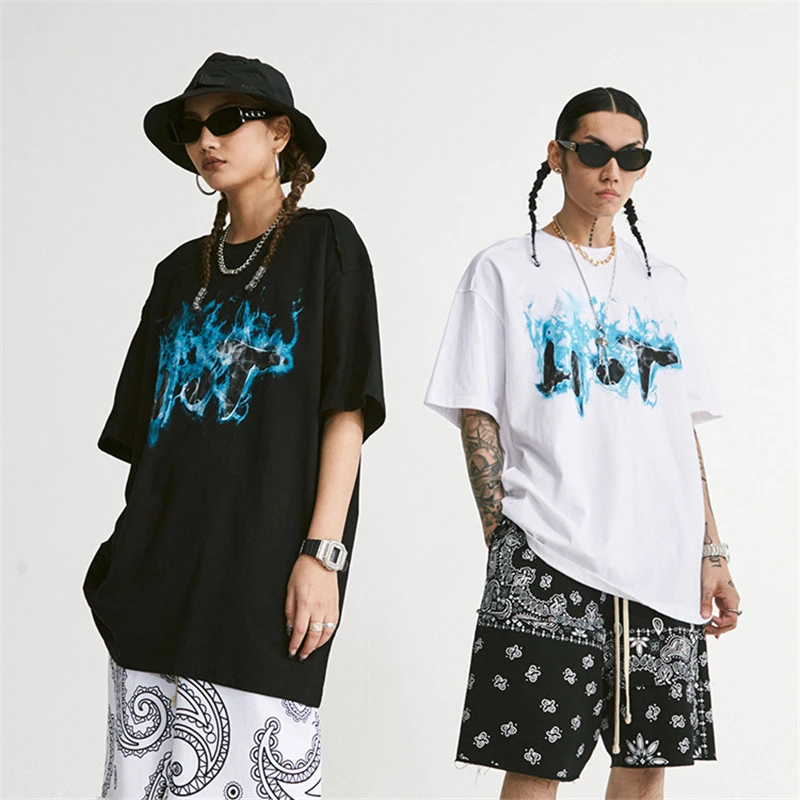 

2021 Men Hip Hop T Shirt Streetwear Blue Flame Letter Print New Tshirt Harajuku Cotton Casual Summer Short Sleeve T-Shirt Black