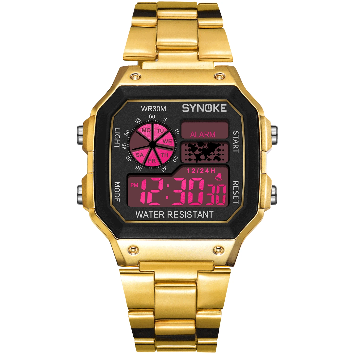 Gold SYNOKE, мужские цифровые часы, спортивные, красочные, из нержавеющей стали, с ремешком, модный, водонепроницаемый, светодиодный, с хронографом, для студентов, наручные часы для мужчин - Цвет: Gold