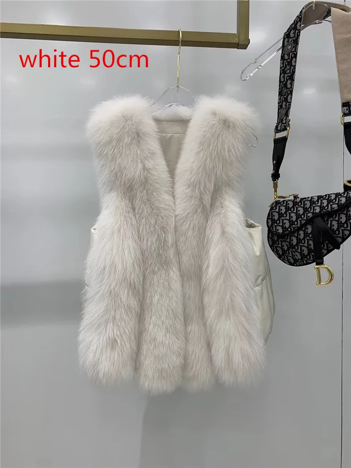 white 50cm Женский жилет из натурального Лисьего меха с наполнителем из белого утиного пуха - Цвет: white 50cm