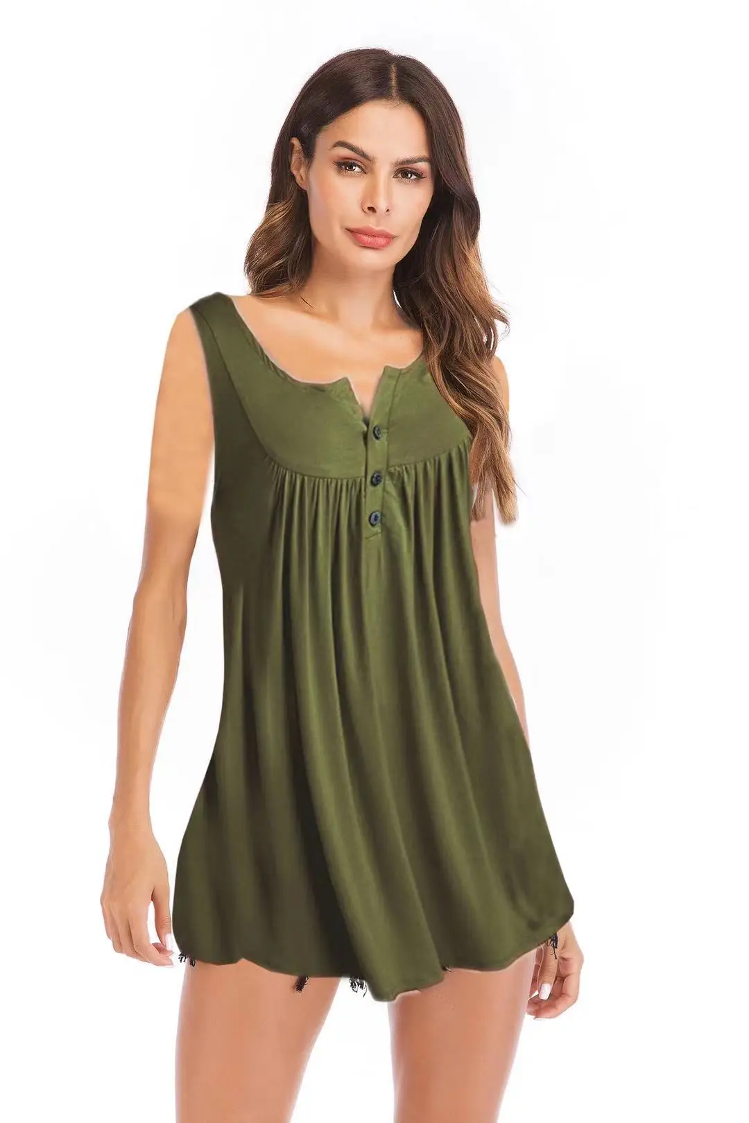 

2020 summer V-neck button pleated vest T-shirt European and American solid casual top