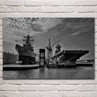 carrier warship in harbor black white military monochrome artwork posters on the wall picture home living room decoration kp824
