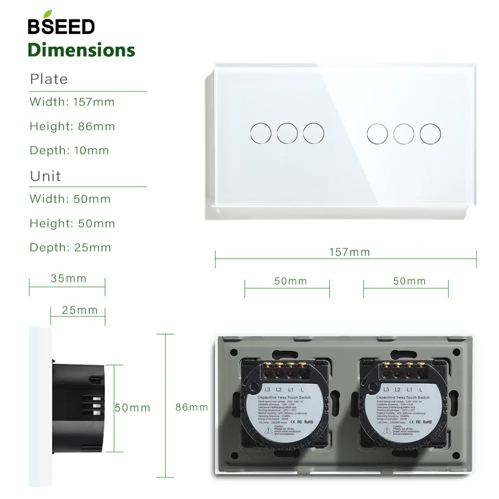 Bseed 6 местный 1 позиционный 2 Way роскошный настенный сенсорный выключатель Сенсор