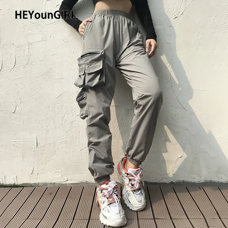 HEYounGIRL/повседневные эластичные брюки с карманами и высокой талией для женщин; модные однотонные спортивные брюки в стиле Харадзюку; уличная одежда; шаровары; капри;