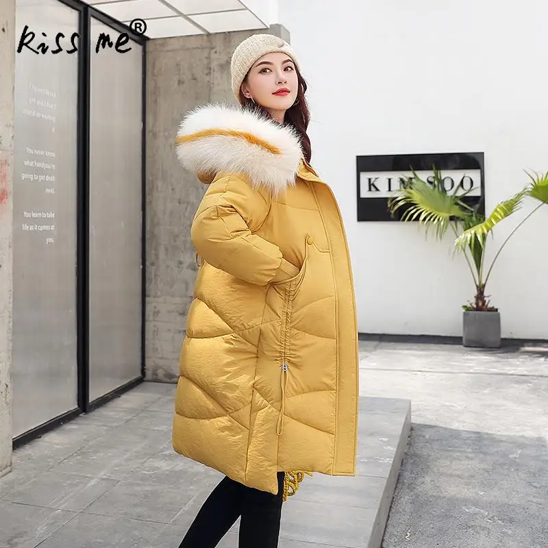 Стильное зимнее пуховое пальто средней длины однотонная теплая одежда с
