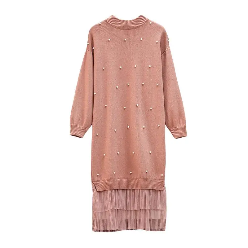 

Large size Dress women's autumn and winter mesh Lace stitching beaded dress sweater bottoming Vestidos Elegant Party Dresses
