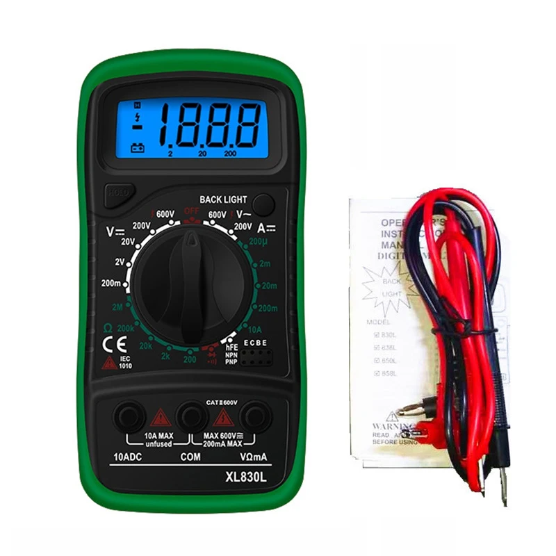 XL830L Green XL830L портативный цифровой мультиметр AC/DC Амперметр Вольтметр Ом Ручной мини тестер метр ЖК-дисплей подсветка сопротивление транзисторы - Цвет: XL830L Green