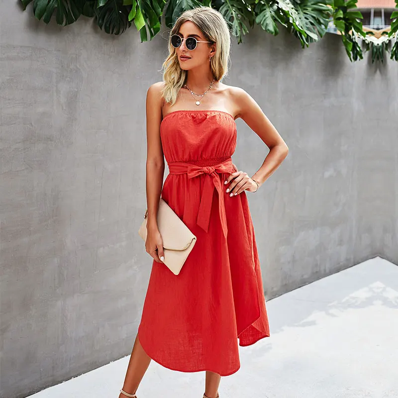 

2021 Spring Summer New Sexy Strapless Dress For Women Casual Solid Color Backless Ladies Medium Long Party Bandage Dresses