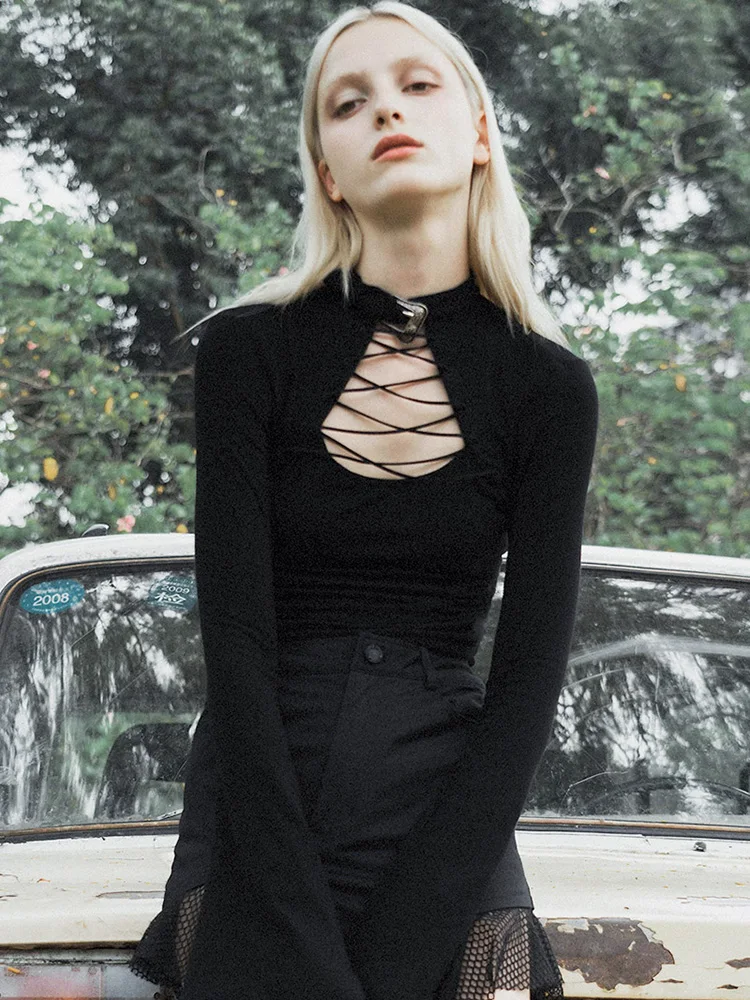 Панк рейв Женская готика Высокая шея шнуровка с расклешенными рукавами футболки