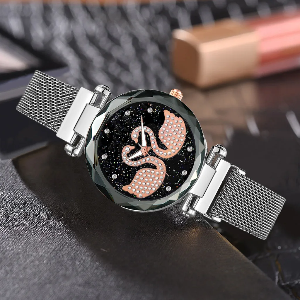 Женские кварцевые часы с магнитным магнитом камнями лебедем и бриллиантом