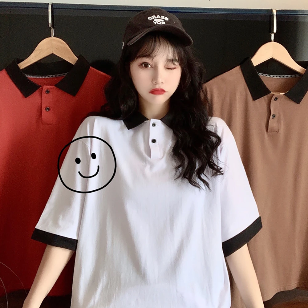 Контраст Цвет поло женская рубашка с коротким рукавом отложным воротником БЕЛЫЕ