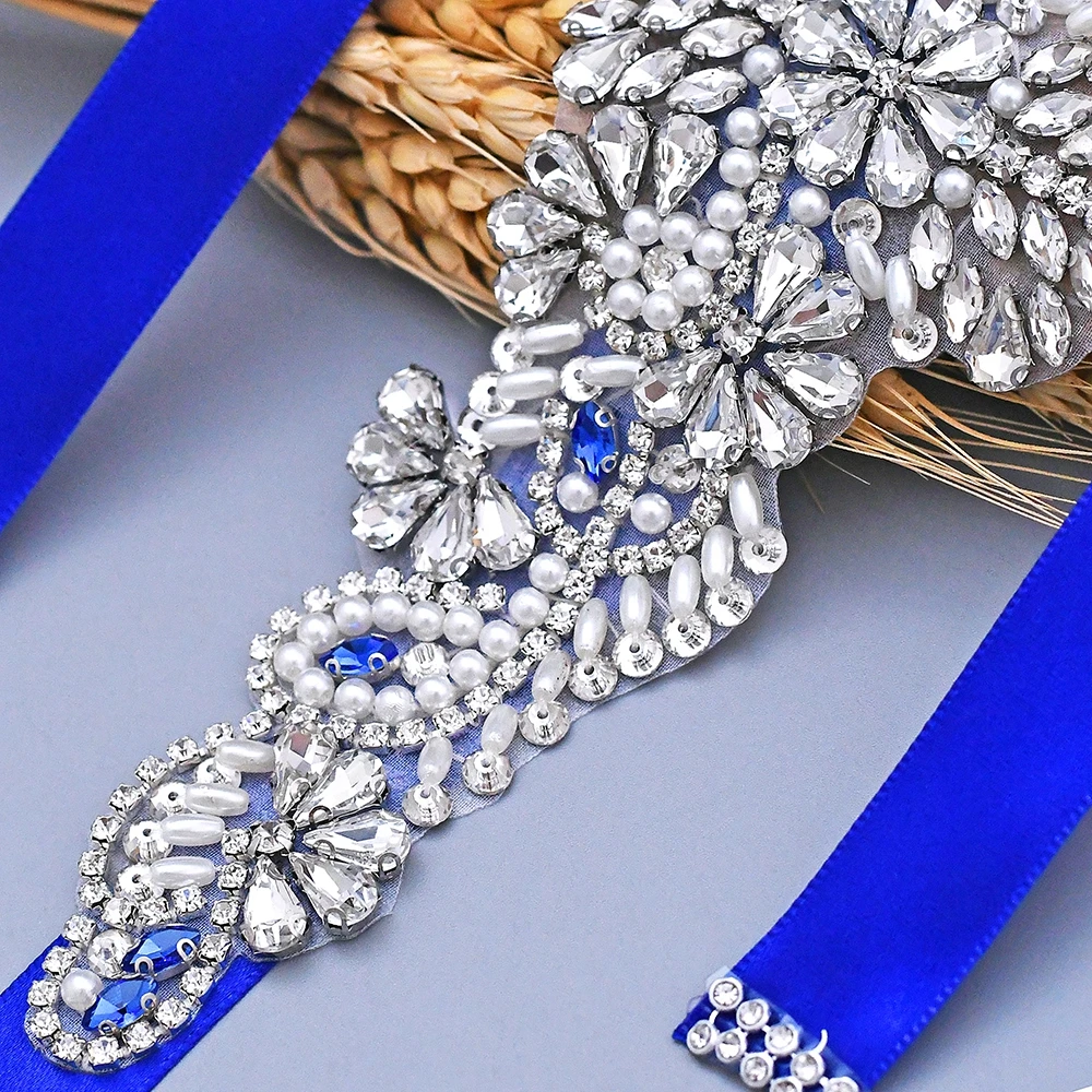S487 Ручной работы синий Стразы пояс для невесты роскошные свадебные аксессуары