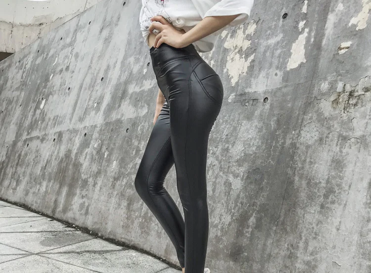 LIBERJOG Women Stretch Skinny Lift Hip PU Leather Pants Black Pencil Pants High Waist Plus Size Female Honey Peach Pants