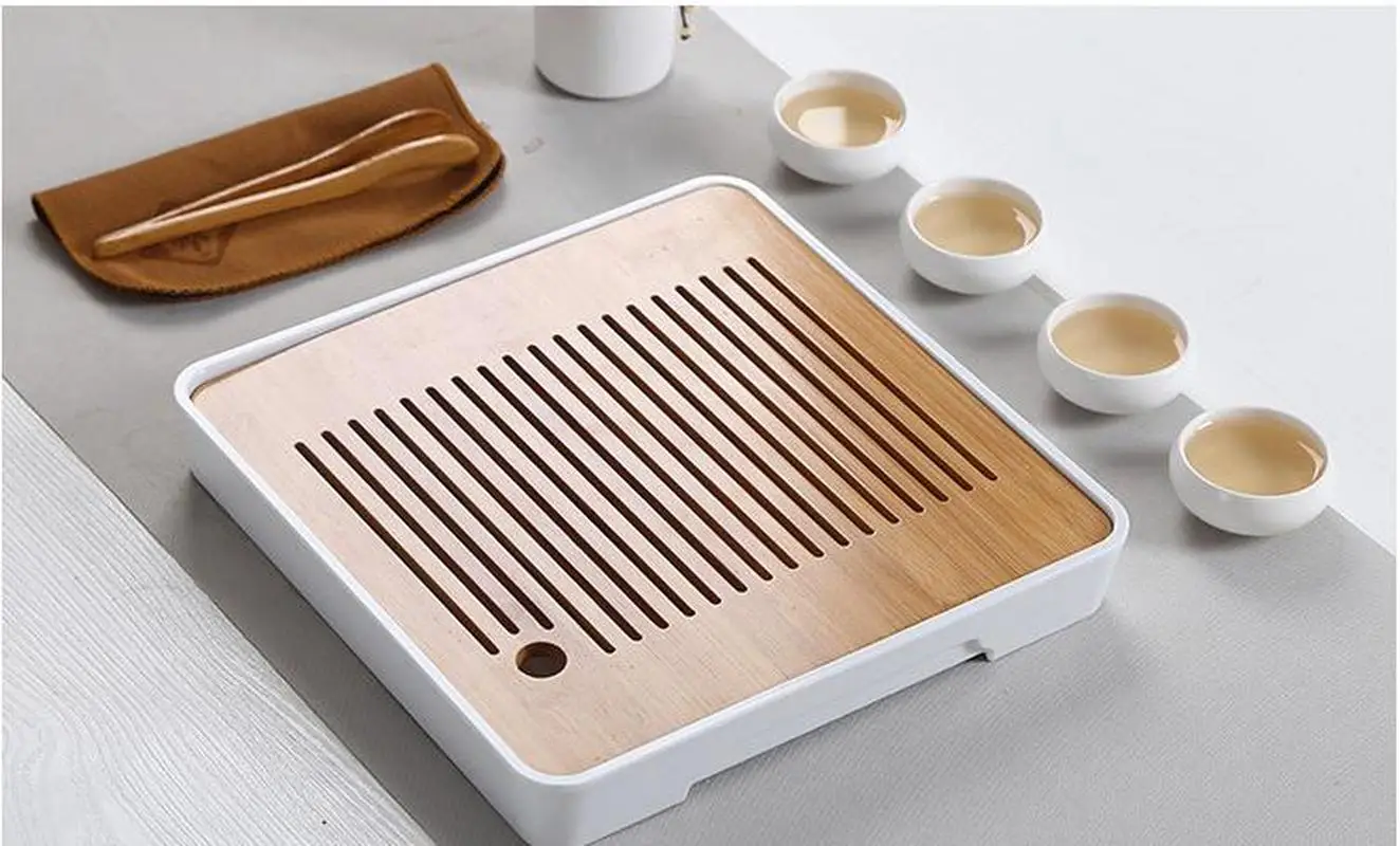 

Bamboo Tea Tray Solid Bamboo Tea Board Kung Fu Tea Set with Drain Rack Tools Tea Serving Teapot Tray Set Teal Kitchen Accessorie