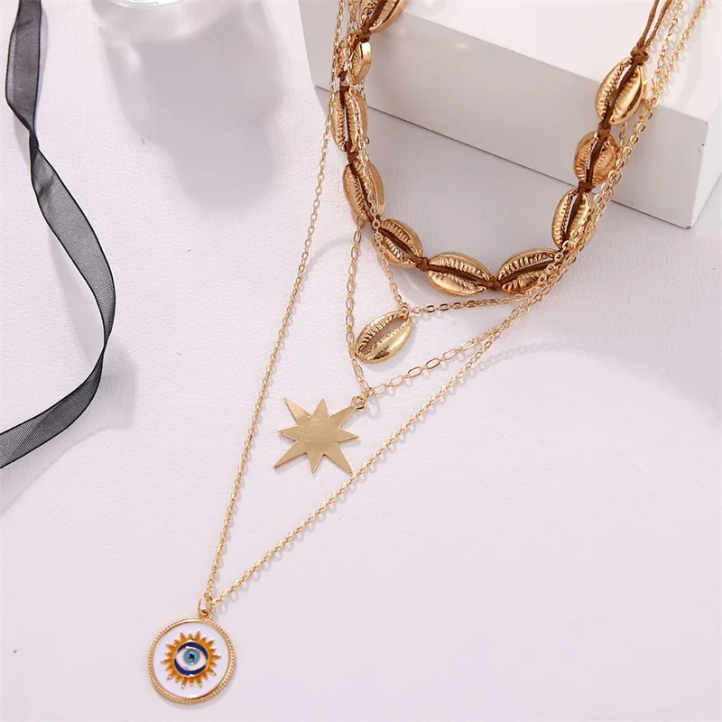 Богемная Женская Золотая ракушка Звезда Луна глаз подвеска многослойное на