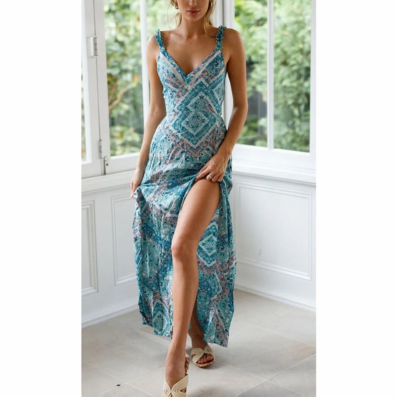 

Women'S Summer Sexy Backless Split Floral Print Flowy Maxi Dress