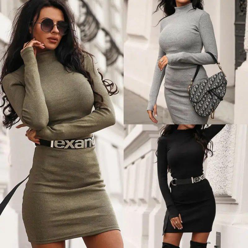 Женское облегающее платье-водолазка Повседневное трикотажное черное