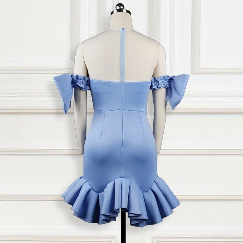 

Women Ruffles Mesh Patchwork Bead Party Dress Indie Backless Celebrate Vestido Sexy with Bowtie Christmas Event Elastic Bodycon