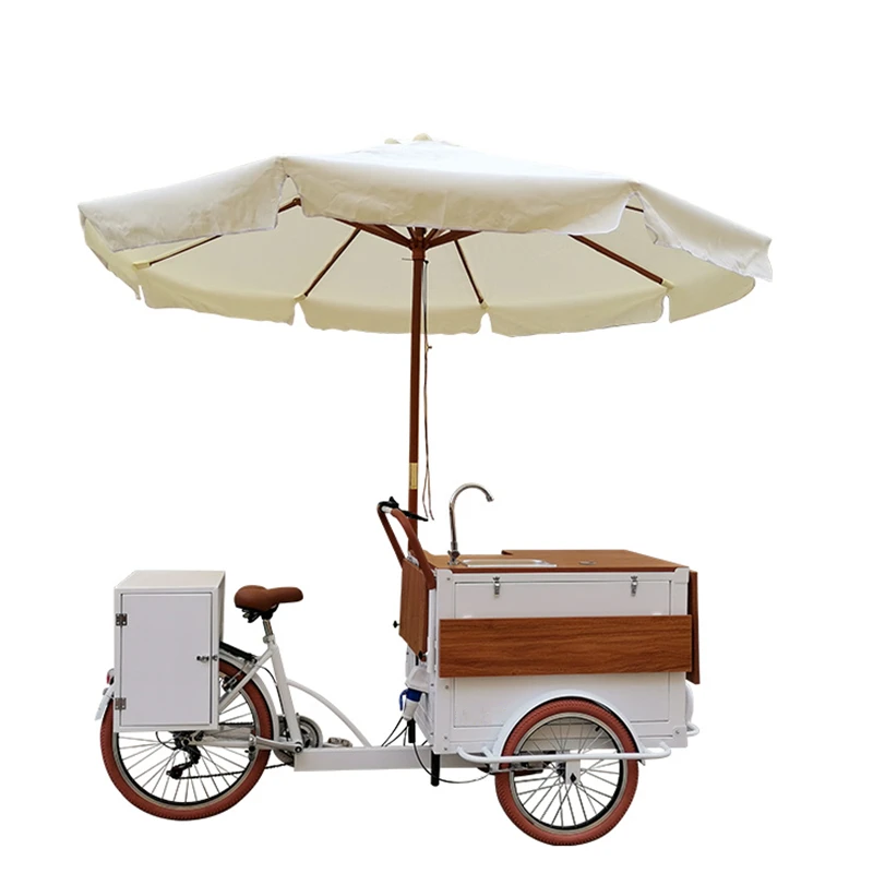 

Ice Cream Cargo Bike 3 Wheels Coffee Kiosk Food Cart Electric Pedal Bicycle Drinks Snack Vending Tricycle With Mini Refrigerator