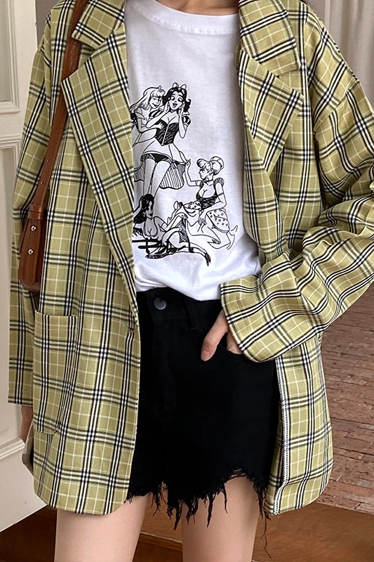 

Crescent City thin Plaid suit coat women spring Korean loose medium length cardigan long sleeve suit top women