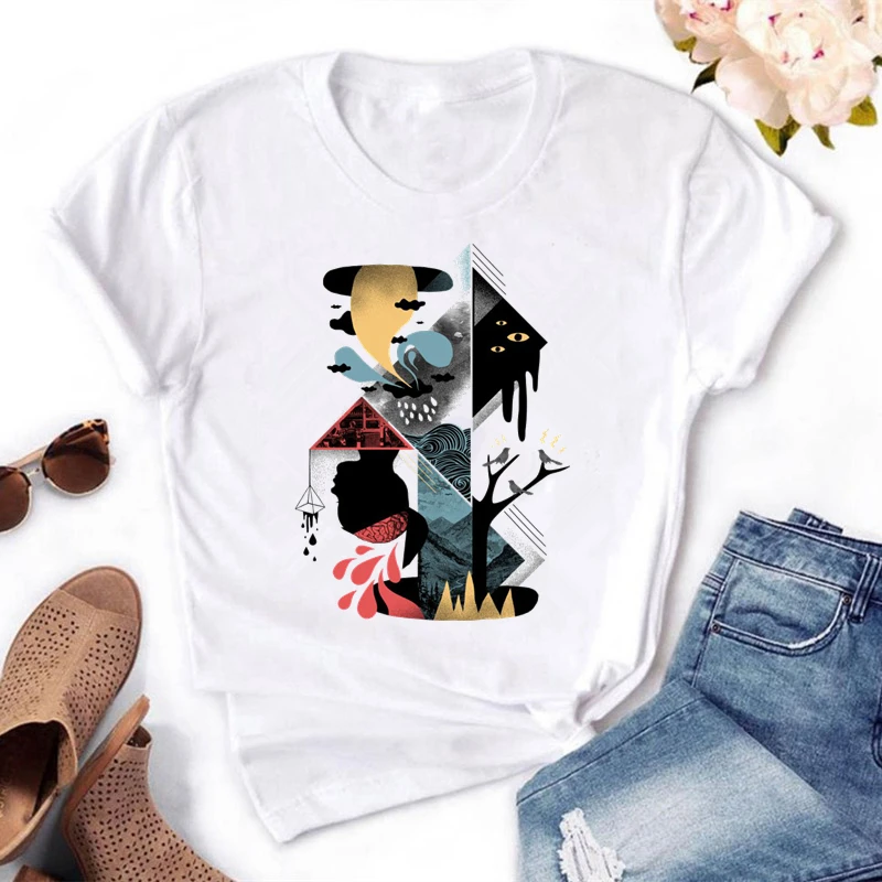 Женская футболка с абстрактным дизайном летняя белая круглым вырезом и коротким