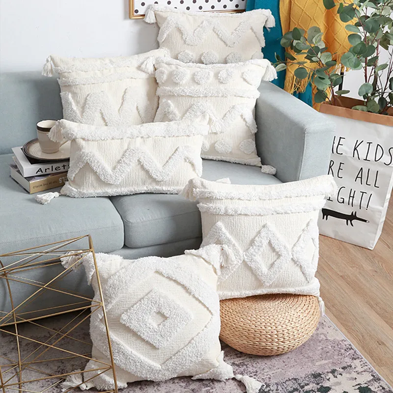 

Boho Tufted Cushion Cover 45x45cm/30x50cm Tassel Pillowcase Handmade Chenille White Geometric Throw Pillow Cover Decorative