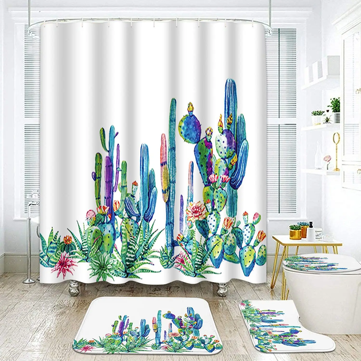 

Watercolor Cactus Print Shower Curtain Set Carpet Cover Toilet Cover Bathroom Mat Cushion Cover Bathroom Curtain Household