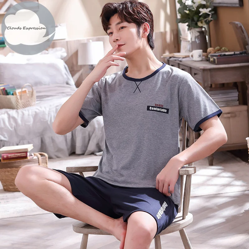 Мужской пижамный комплект с коротким рукавом новый хлопковый тканевый буквами