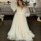 Женское свадебное платье с открытыми плечами, длинным пышным рукавом, женское мягкое Тюлевое платье трапециевидной формы, свадебное платье