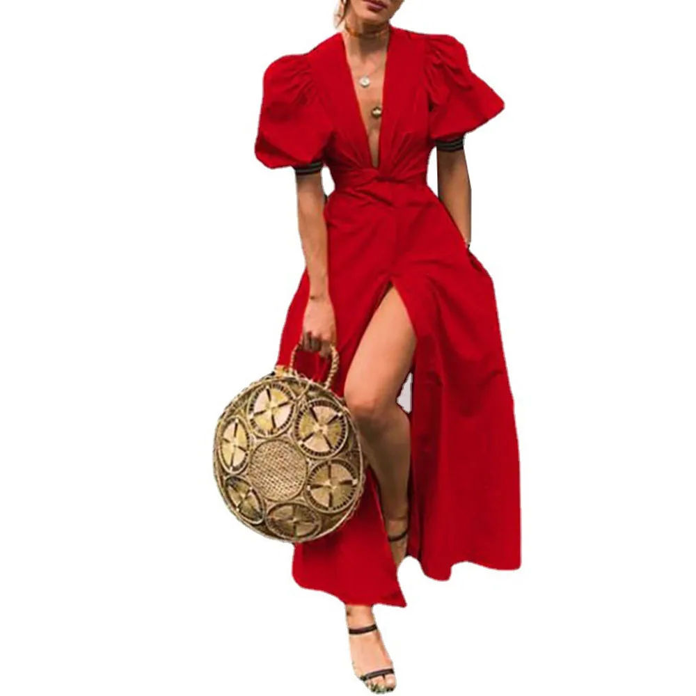 

2021 Summer New Europe America Fashion Temperament Solid Color Single-breasted V-neck Puff Sleeve Women's Dress Split Fork