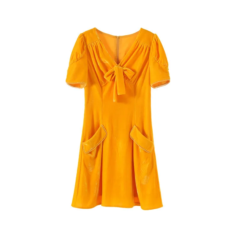 Женское бархатное платье с V-образным вырезом коротким рукавом-фонариком и