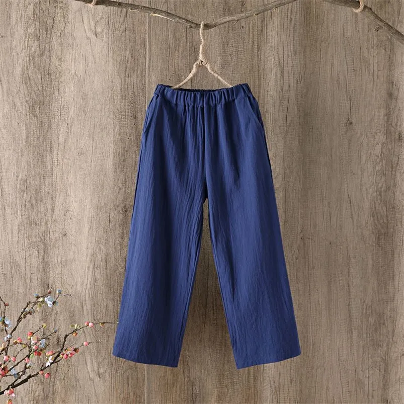 

Брюки женские хлопково-льняные с карманами, повседневные широкие брюки с эластичной завышенной талией, штаны до щиколотки