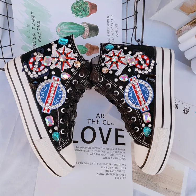 Girls high-top canvas shoes lace-up sneakers women's shoes casual shoes brand design pirate logo rhinestone hip hop Harajuku