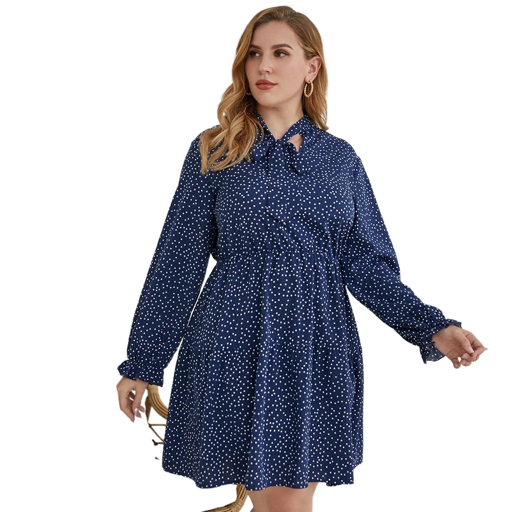 

2021 New Women Long Sleeve Bow Spring Summer Ploka Dot Plus Size Dress Office Lady A-line Slim Waist Dresses Women's Fashion