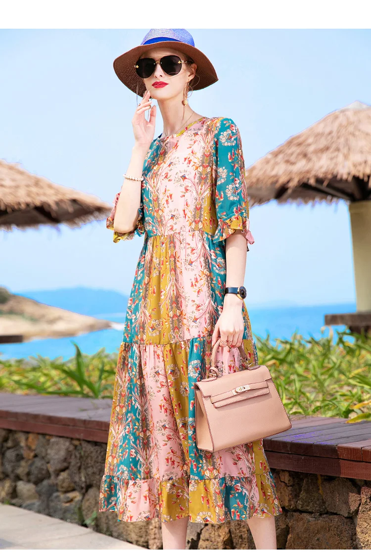 

Floral Print Plus Size Silk Women Dress Western Style Lapel Mulberry Silk Belt Mid Length Long Dress Vintage Female Spring Dress