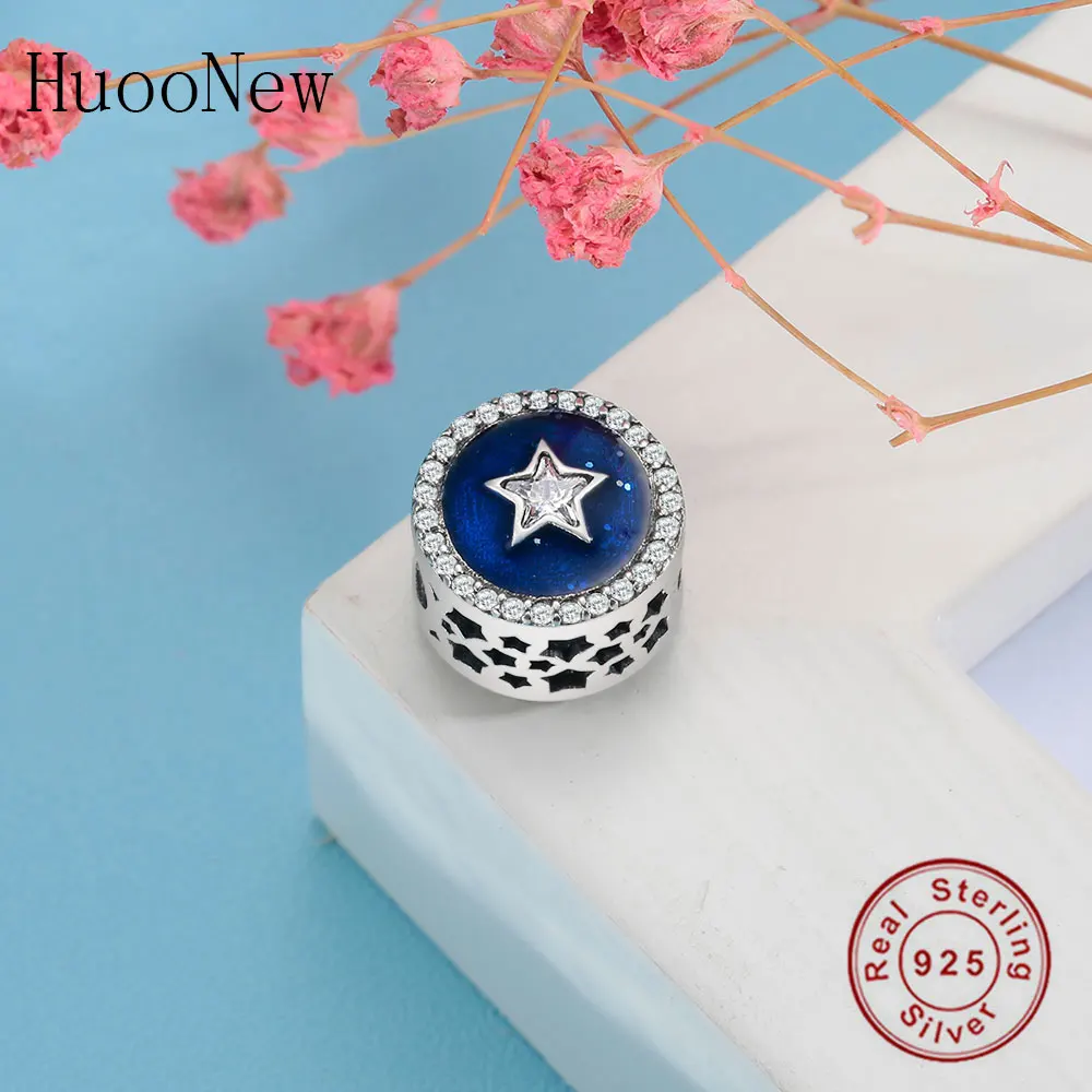 Blue Enamel Round Clear Zircon Star Beads Fit Original Pulseiras Charms Bracelet 925 Sterling Silver Jewelry Summer Gift | Украшения и