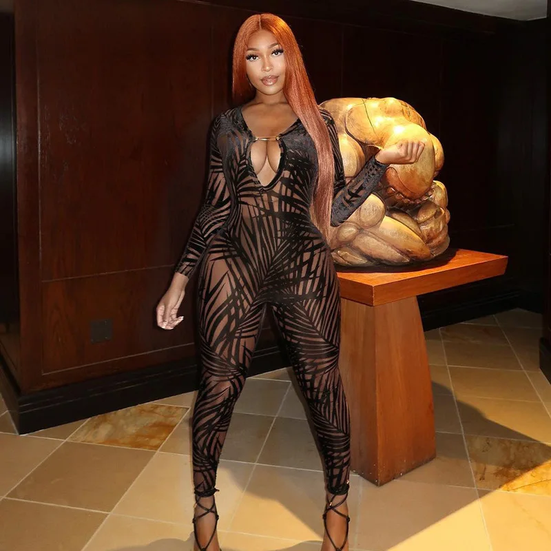 

2022 Sexy See Through Mesh Jumpsuit Girl Low Neck Cleavege Party One Piece Clothing Skinny Club Midnight Attirewear Hot Overall