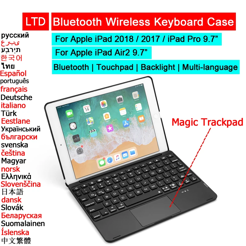 Bluetooth волшебный трекпад для клавиатуры Чехол iPad 2018 2017 9 7 Air 2 Pro Подсветка Русский