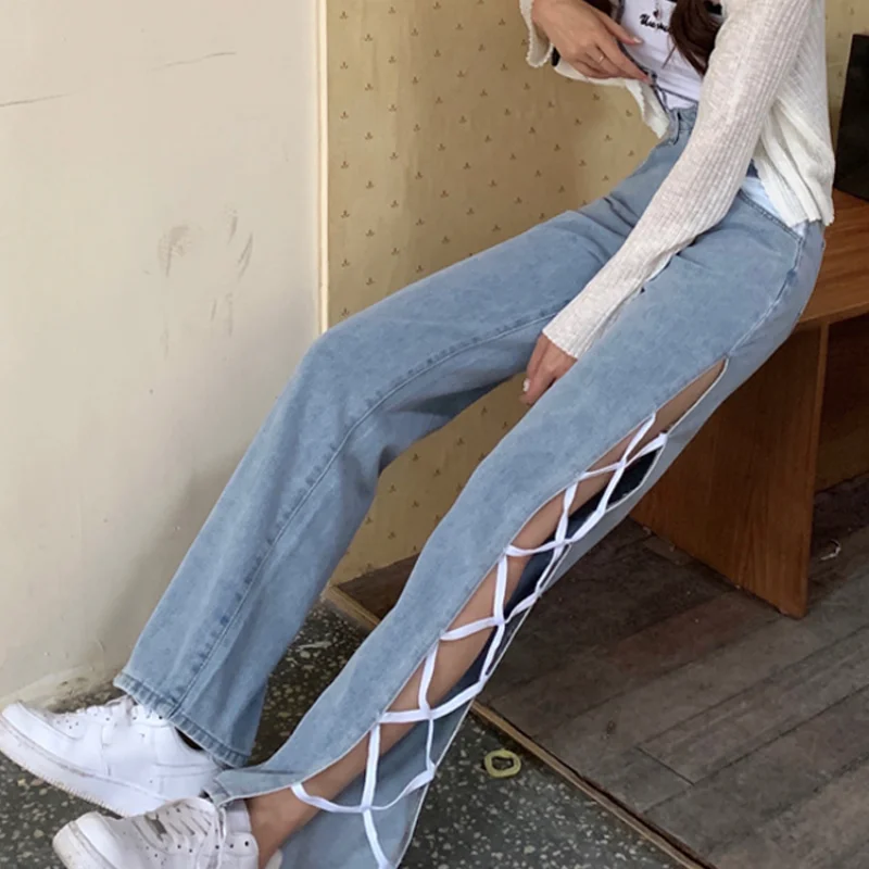 

Summer Pierced High Waist Jeans Women's Autumn New Straight Tube Loose and Thin Design Sense Split Tie Wide Leg Long Pants