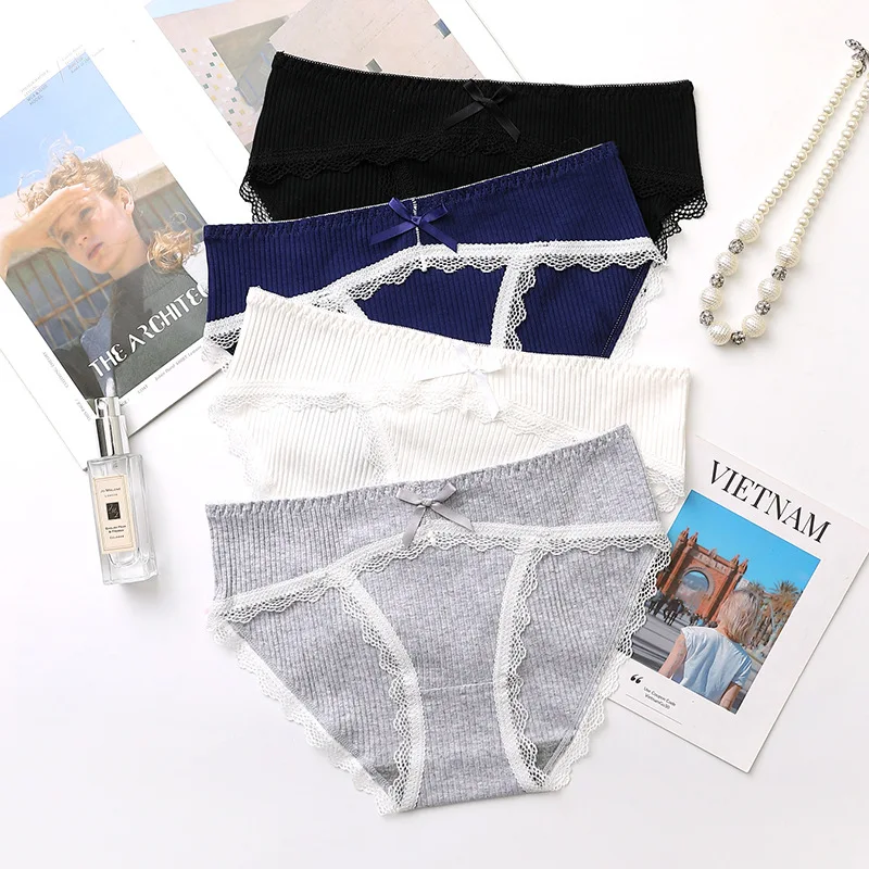 

Women's Cotton Underwear Sexy Lace Panties Fashion Bow Comfort Briefs Mid Waist Seamless Thread Underpants Female Lingerie
